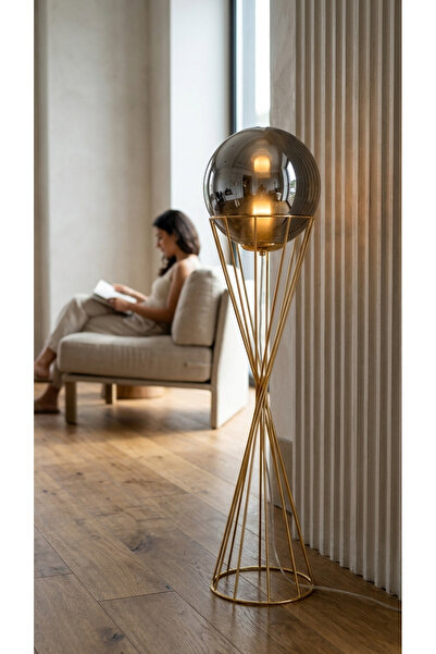 Decodelight Krom/Gold Metal Ayaklı 20 cm Füme Glob Camlı Modern Lambader Mode...