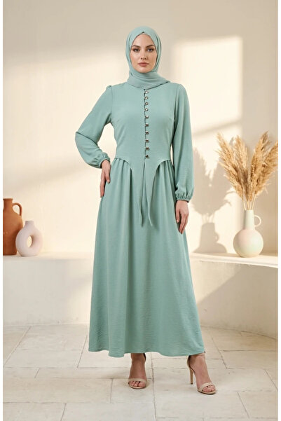 sefamerve Button Detailed Elastic Sleeves Hijab Double Set 2288-02 Green