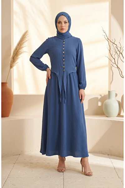 sefamerve Button Detailed Elastic Sleeve Hijab Double Set 2288-03 Indigo