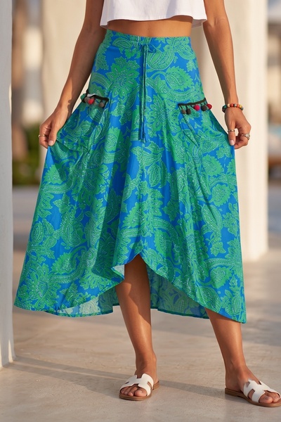 Chiccy Blue-Green Shawl Patterned Pocketed Allover Printed Elastic Waist Casu...