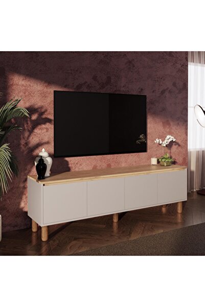 Bimossa D4120 Terra 180cm Sepet-Kumtaşı TV Ünitesi Yüksek Ayaklı 4 Kapaklı Televizyon Sehpası Depolama Dolap