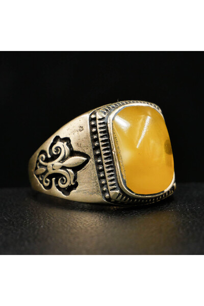 Generic Brand Antimony Silver Amber Ring – 11x22.5mm Honey Yellow Cabochon Me...