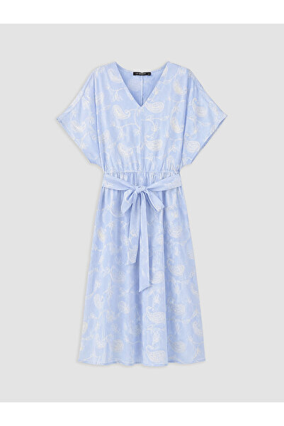 LC Waikiki Blue Plus Size Patterned Belted Dress