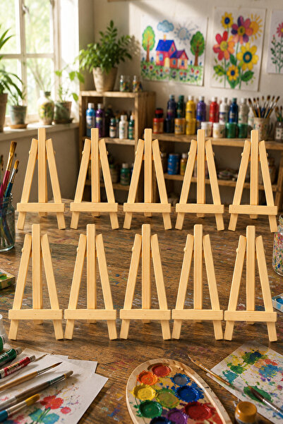 kutuTR 10 Adet Masaüstü Şövale, Ahşap, Mini Şövale, Üç Ayaklı, Resim Şövalesi, Ressam Sehpası 29x35