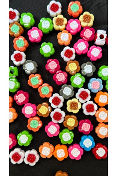 Bijumix Aksesuar 25 Adet 15 mm Karışık Renkli Gül Çiçek Desenli Akrilik Plast...
