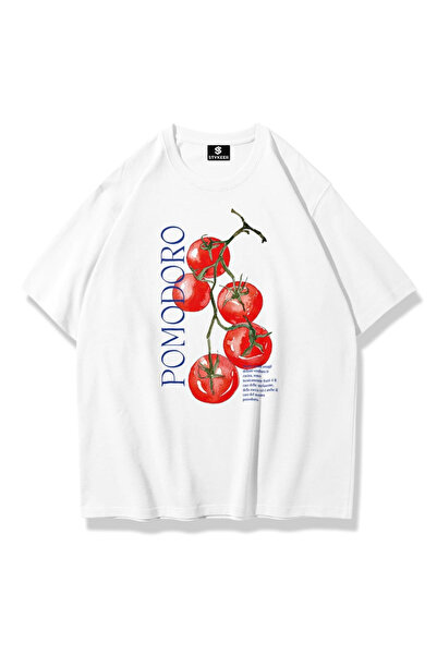 STYKEER تي شيرت أبيض كبير الحجم مطبوع عليه "POMODORO" للجنسين