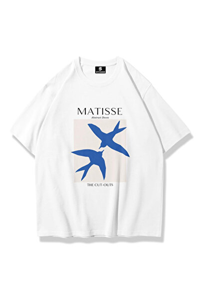 STYKEER تي شيرت كبير الحجم للجنسين مطبوع عليه "MATISSE" تي شيرت أبيض فضفاض