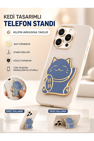 Hatreds Kedi Tasarımlı 360° Döner Yapışkanlı Telefon Kılıfı Standı Mavi