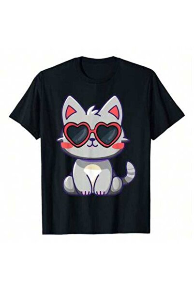 799 تي شيرت عيد الحب بتصميم قطة ترتدي نظارة شمسية على شكل قلب، 220 جرام قطن ن...