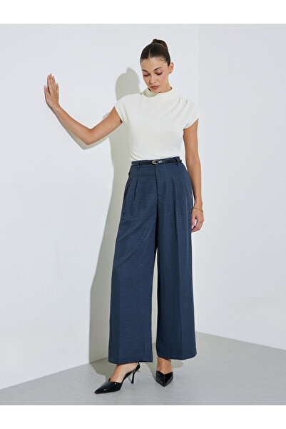 Styli Navy Blue Wide Leg Loose Fit Pleat Detailing Pants