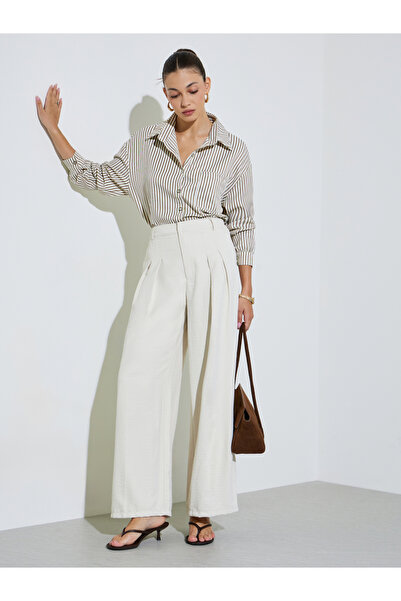 Styli Cream Wide Leg With Pleat Detailing Formal Pants