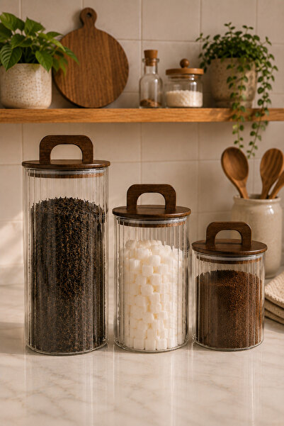 Fhilli Aria - Set of 3 Borosilicate Jars with Bamboo Lids 1300- 900 -600 ml S...