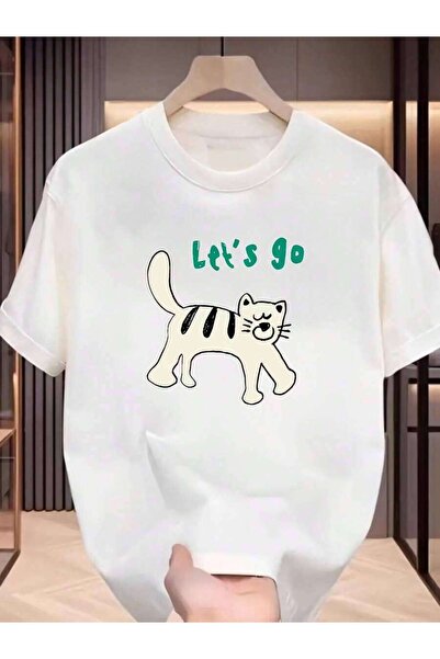 799 تي شيرت رجالي بأكمام قصيرة - طباعة قطة كرتونية لطيفة بعبارة "Let's Go"، أ...