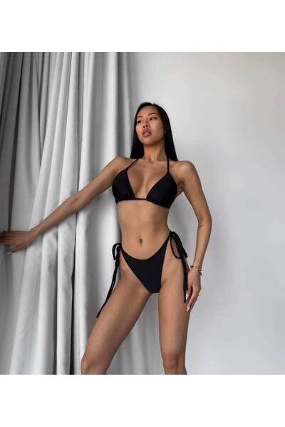 Sandrada SD Costum de Baie Damă 2 Piese Negru – Bikini Triunghi cu Slip Brazilian și Șnururi Reglabile