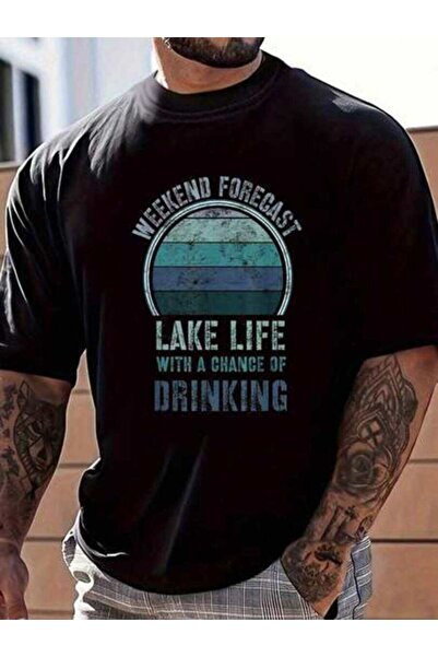 9TAY تي شيرت رجالي قطني 100% بتصميم ريترو، بطبعة 'Lake Lover Weekend Forecast...