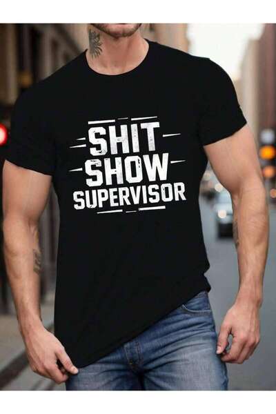 9TAY تي شيرت مضحك بطبعة "Show Supervisor" بأكمام قصيرة وياقة دائرية، بحروف بي...