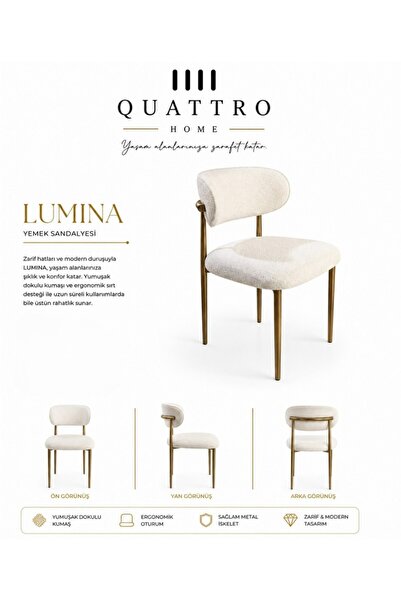 QUATTRO HOME Lumina Krem Bouclé Döşemeli Gold Metal Ayaklı Yemek Sandalyesi