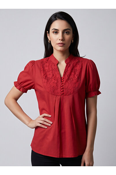 Herry Women's 100% Cotton Lace Detailed Judge V-Neck Short Sleeve Stylish Blouse