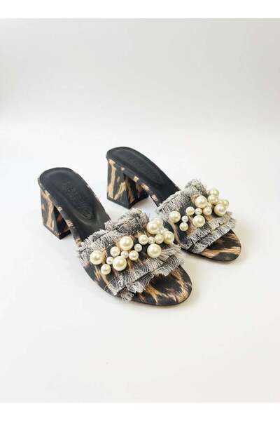dabab shoes Nubia Women's Pearl Detailed Straw Heeled Leopard Slipper Sandals