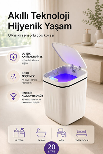DİVAYS 20L UV Işıklı Akıllı Sensörlü Çöp Kovası Koku Geçirmez Dokunmatik 24x2...