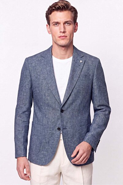 Efor Comfort Fit Half-Lined Indigo Linen Jacket with Pocket Bags C 741