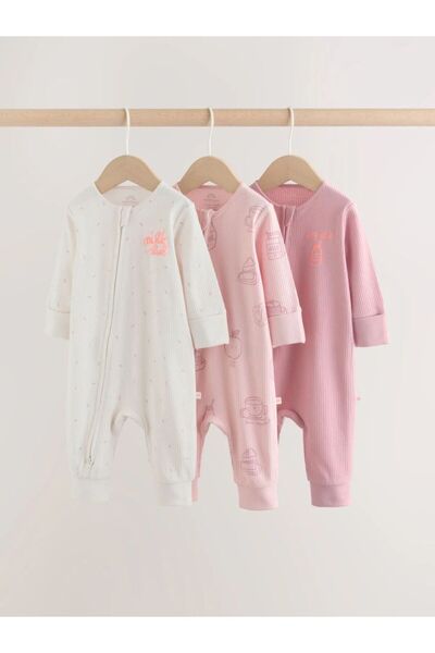 Next Baby Cotton Pink Zippered 3-Piece Jumpsuit Set