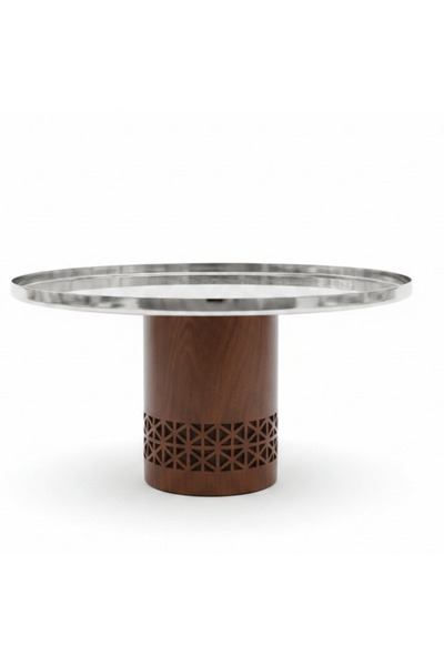 AKDC Luhpar Brown Wooden Footed Silver Stainless Steel Cake Stand - 20×12 cm