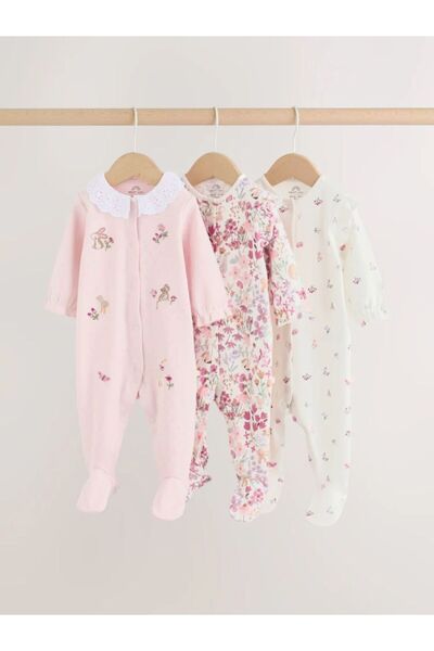 Next Baby Cotton Pink Embroidered 3-Piece Jumpsuit Set