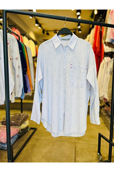 Patiskha Çizgili Jakarlı %100 pamuk Oversize Gömlek