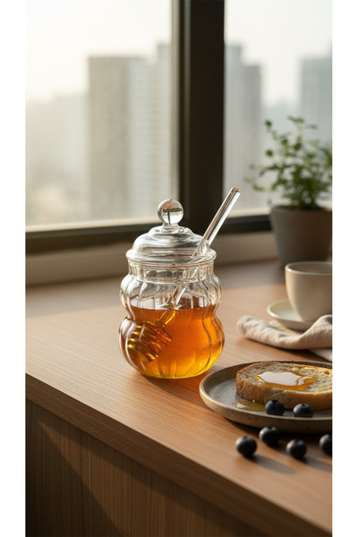 zezedesing Glass Honey Jar with Spoon and Lid |   Decorative Honey Storage an...