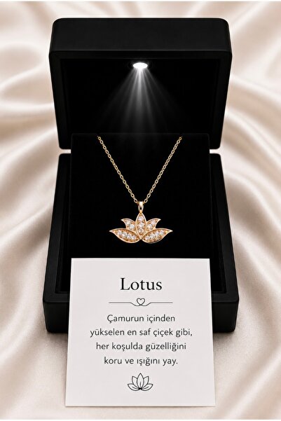 SARIASLAN Özel Led Işıklı Kutuda Kartlı Lotus Çiçeği Komple Gümüş Kolye