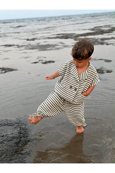 bohemiankids baby wear Boy's Khaki Striped 2-Piece Linen Set