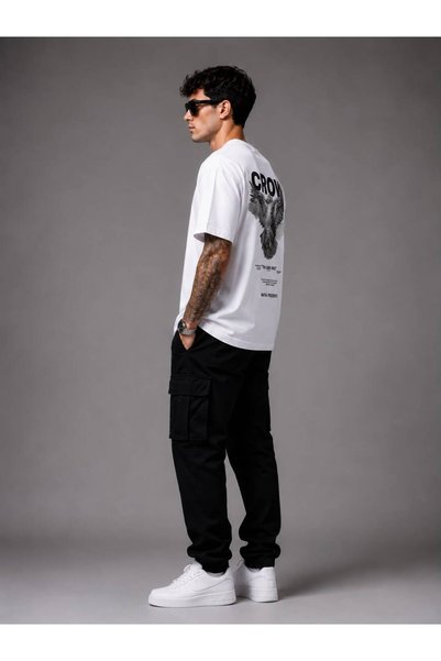 khufu White Oversize Fit Crow Cotton Back Printed Relaxed Cut Unisex T-Shirt