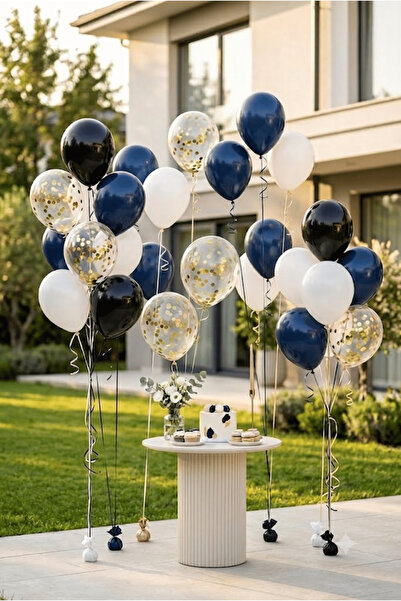 FESTİVALOON 20’li Siyah Lacivert Beyaz Gold Konfetili Şeffaf Balon Seti 11 İn...