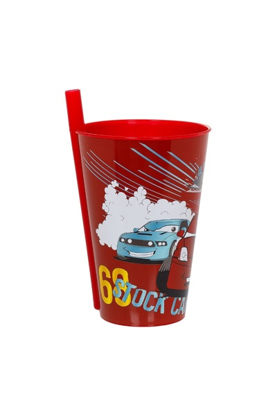 OEM Pahar copii, model mașini, pai, roșu, 400ml – băut ușor și sigur pentru c...