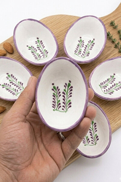 evcime El Yapımı El Boyaması Lavanta Desenli Gondol Model 6'lı Seramik Sosluk...