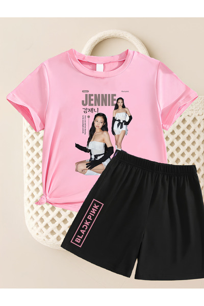 MAGORS طقم تي شيرت وشورت قصير الأكمام من القطن المطبوع من JISOO من BLACKPINK ...
