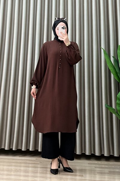 ALYA SAADET TUNİK Ayrobin Kumaş Kadın Acı Kahve Yaka Açılabilir Düğmeli Kolla...