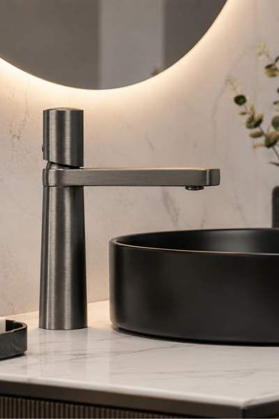 Badem10 Arco Mat Füme Kısa Premium Lavabo Bataryası Pirinç Gövde Lüks Modern ...