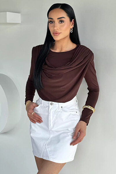 Aryena Brown Women's Shawl Collar Lycra Blouse