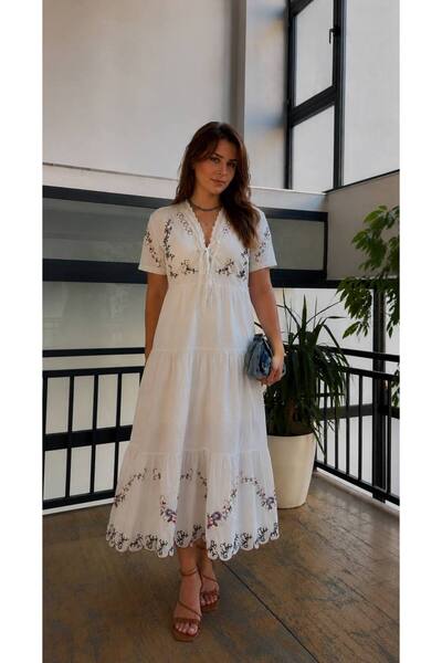 D'RECCY Rochie de damă din in, brodată cu etamină, cu talie elastică