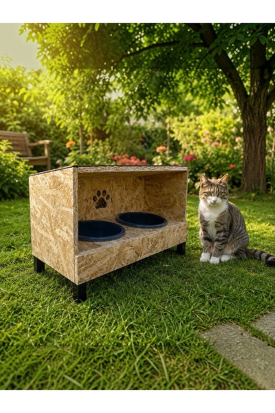 Kedi mama ve su kabı büyük boy stantlı ahşap su yalıtımlı ve plastik ayaklı