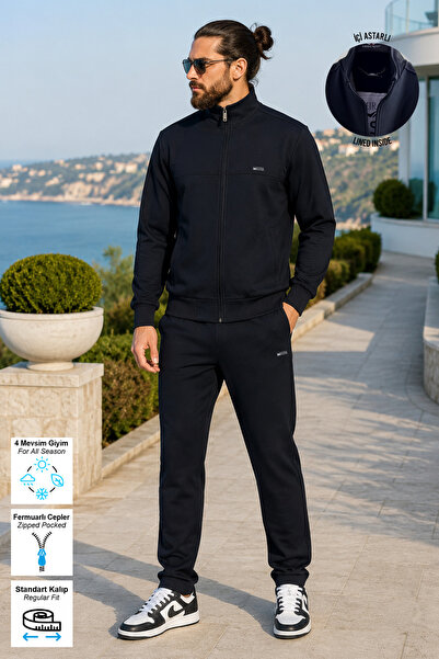 BESSA Set de trening negru cu guler înalt, model standard, cu buzunare cu fer...