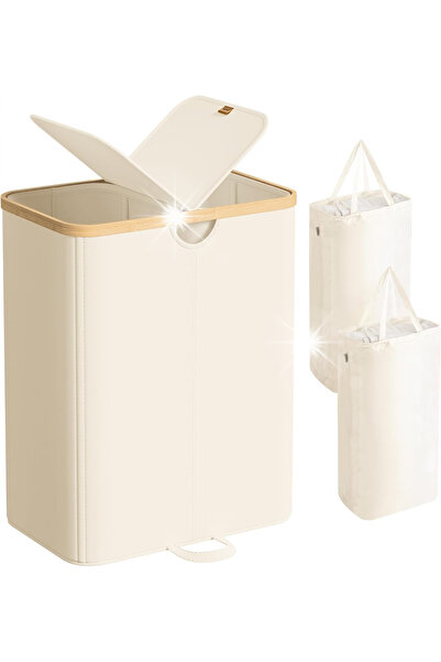 NO BRAND Coș de rufe cu 2 compartimente, 75L fiecare, cu capac, 150L, bej