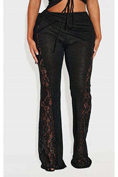 NO BRAND Prettylittlething Pantaloni negri cu dantelă și dungi, cu talie înal...
