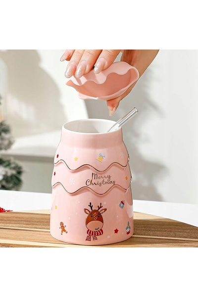 NO BRAND Cană ceramică în formă de brad de Crăciun cu capac și pai, 450 ml
