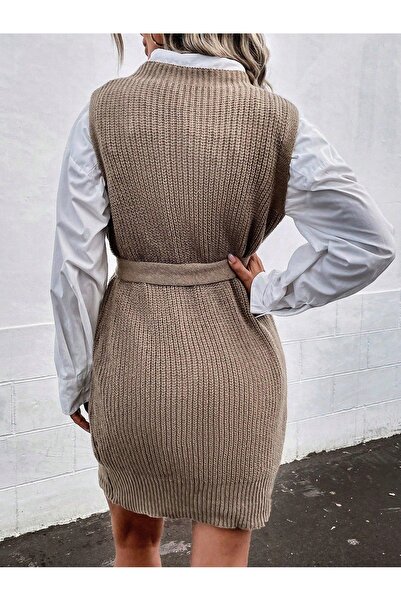 NO BRAND Rochie pulover maro mulată, tricotată, cu cordon, Shein S