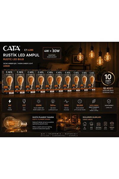 Cata CT-4285 4W (30W) AMBER RENK RUSTİK LED AMPUL (10 ADET)