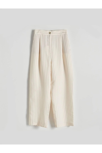NO BRAND Pantaloni clasici din viscoză bej, cu dungi, talie înaltă, croială l...
