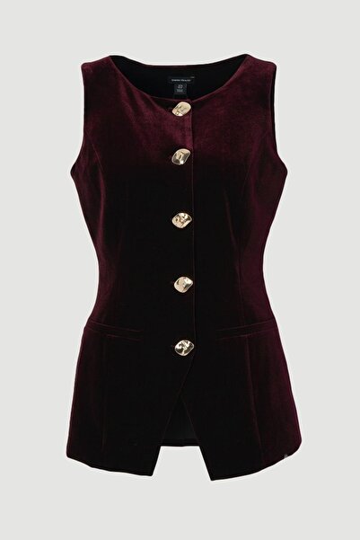 NO BRAND Vestă din velur bordo cu nasturi decorativi, netedă, Karen Mullen 40